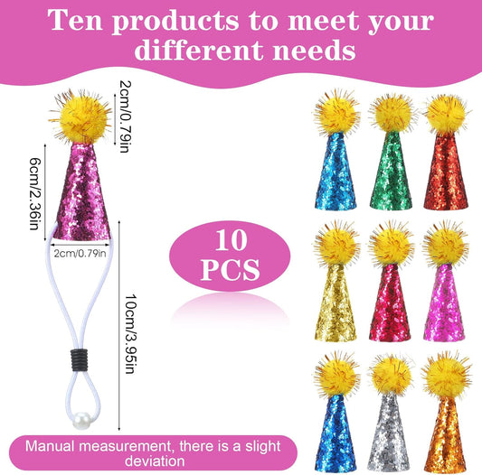 10 Pcs Party Hats for Stuffed Animals, Multi-Color Glitter Adjustable Mini Party Hats for Stuffed Animals, Mini Birthday Hat with Tinsel Pom Pom for Small Pets, Dolls Decorations