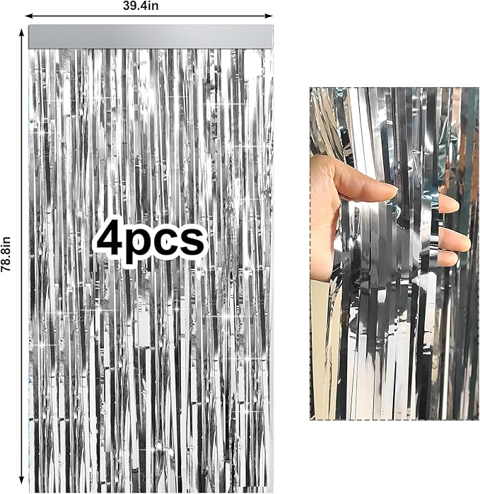 4 Packs Silver Foil Fringe Curtain, Silver Metallic Tinsel Backdrop for Birthday, Wedding, Baby Shower, Engagement, Bachelorette Party, Christmas Holiday Celebration Party Decorations Supplies