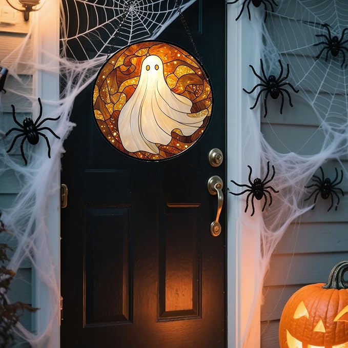 Stained Glass Window Hanging - Halloween Decoration White Ghost Robe Suncatcher for Door Garden Spooky Starry Sky Sun Catchers Gothic Decor Horror Gifts for Women Men Friend Boy Girl 11.8 in
