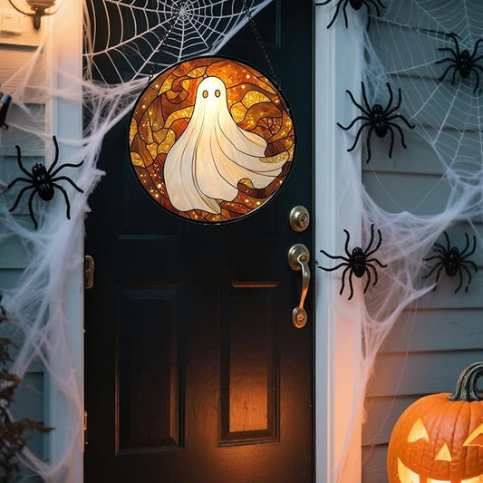 Stained Glass Window Hanging - Halloween Decoration White Ghost Robe Suncatcher for Door Garden Spooky Starry Sky Sun Catchers Gothic Decor Horror Gifts for Women Men Friend Boy Girl 11.8 in