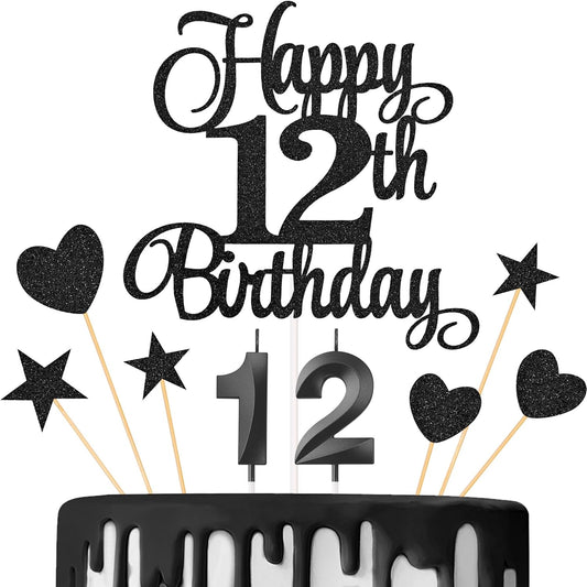 12th Birthday Cake Decorations, 12th Birthday Candles Cake Numeral Candles and Glitter Happy 12th Birthday Cake Toppers Set for Birthday Party Supplies (Black)