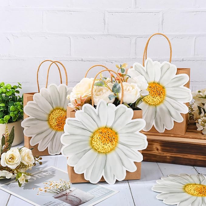 FYSUIMU 24 Pcs Daisy Kraft Paper Gift Bags with Handle Daisy Flower Party Favor Bags Cute Floral Goodie Candy Treat Bag for Spring Summer Mother's Day Wedding Birthday Bridal Shower