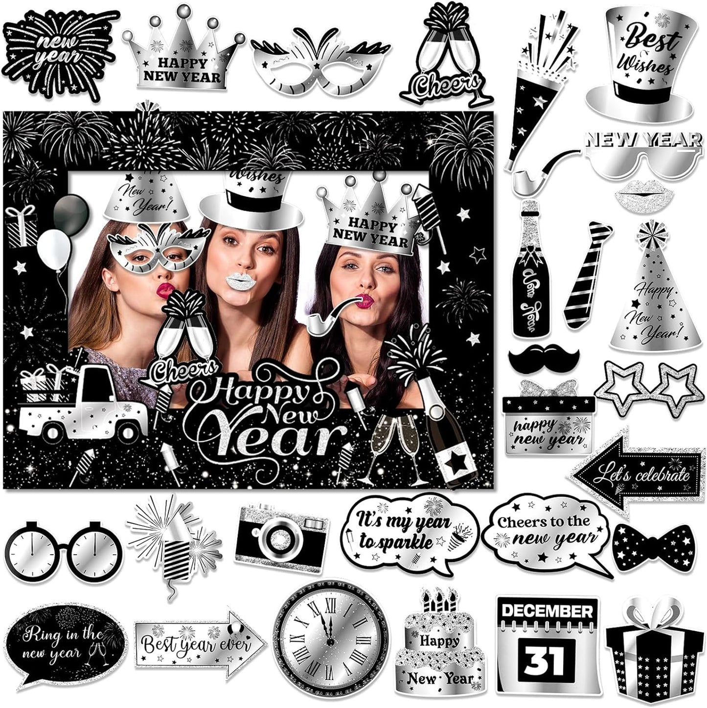 HOWAF 30pcs Happy New Year Photo Booth Props with Photo Frame, 2026 Black Silver New Year Decoration Photo Props,New Years Props for NYE Party, 2026 NYE Cheers to The New Year Selfie Props