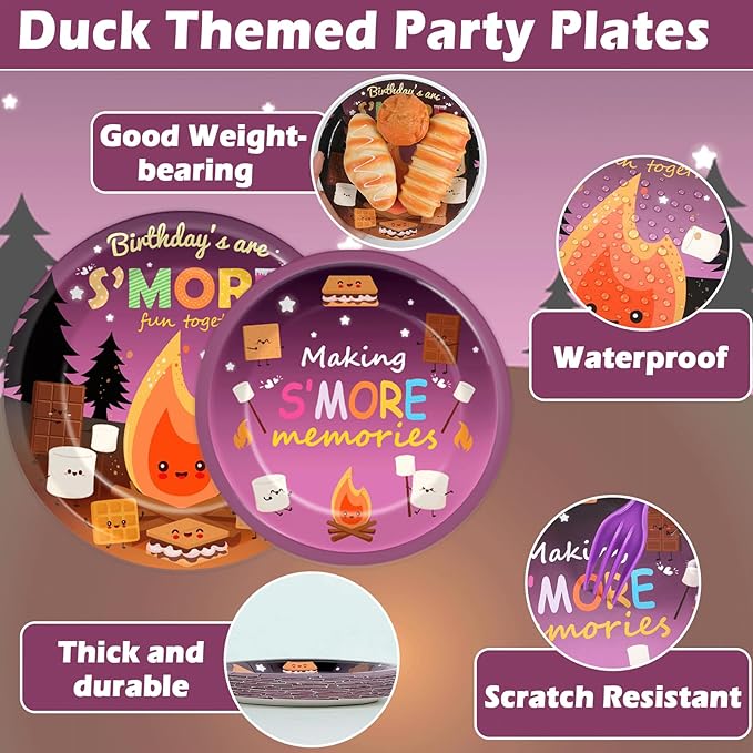 OBUSATT 96Pcs S'Mores Birthday Party Supplies - Smores Bonfire Birthday Paper Plates, Napkins, Marshmallows & Dinnerware for 24