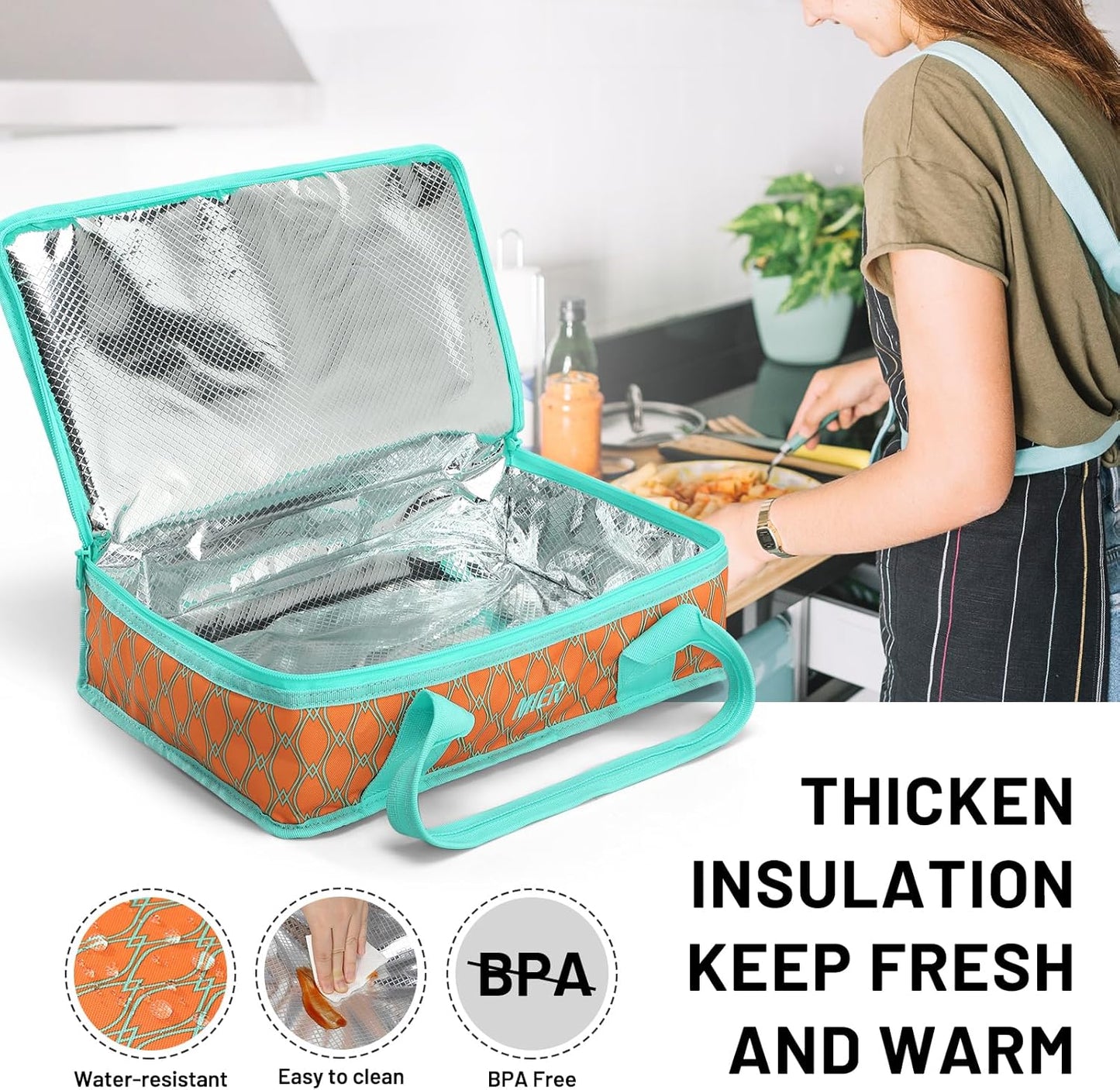 MIER Insulated Casserole Carrier for Hot or Cold Food Thermal Food Carrier Bag for Lasagna Potluck Parties Picnic Cookouts, Fits 9"x13" Baking Dish/Foil Pan, Orange