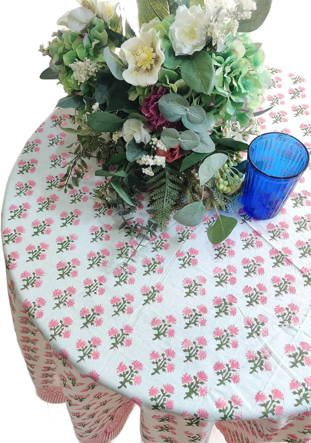 ATOSII Gulbahar White Pink 100% Cotton Spring Summer Round Tablecloth, Block Print Table Cloth for Dining, Weddings, Outdoors, Parties, Grand Millenial Home Decor 72" Inches I