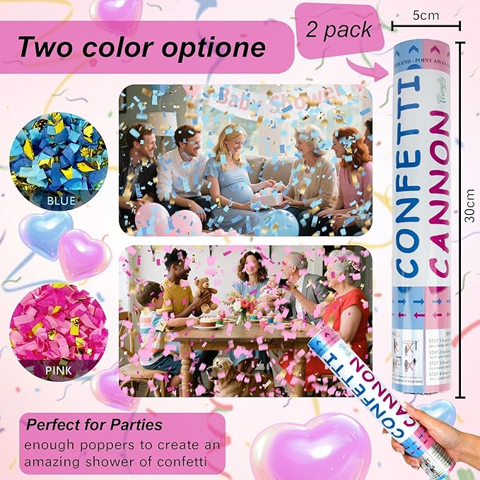 2 Pack Gender Reveal Confetti Cannon, 12 in Pink Rectangle shaped Paper Party Poppers Cannons, Confetti Poppers For Baby Girl Gender Reveal Baby Showers (Rectangle, Pink)
