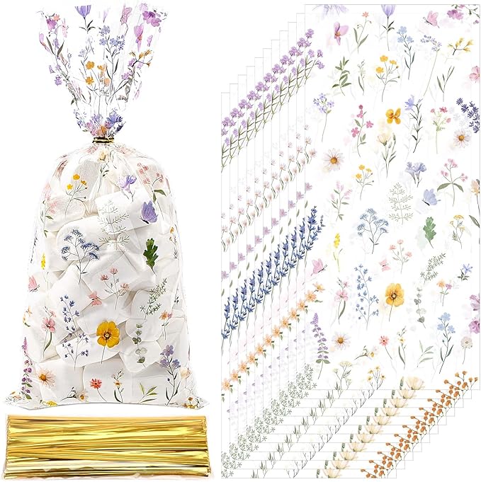 Sanixin 150Pcs Wildflower Party Cellophane Treat Bags Floral Goodie Candy Bags for Baby Shower Mother's Day Wedding Bridal Shower Birthday Party Supplies