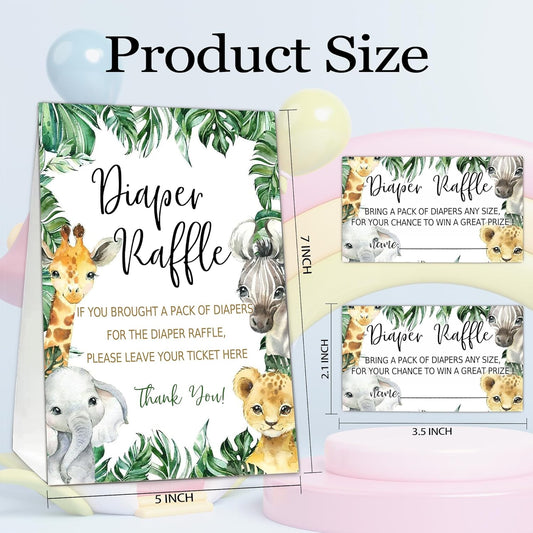 Jungle Animals Diaper Raffle Tickets for Baby Shower Game, 1 Standing Sign(5 * 7 Inch) & 50 Guessing Cards for Baby Shower Party Decoration, C1