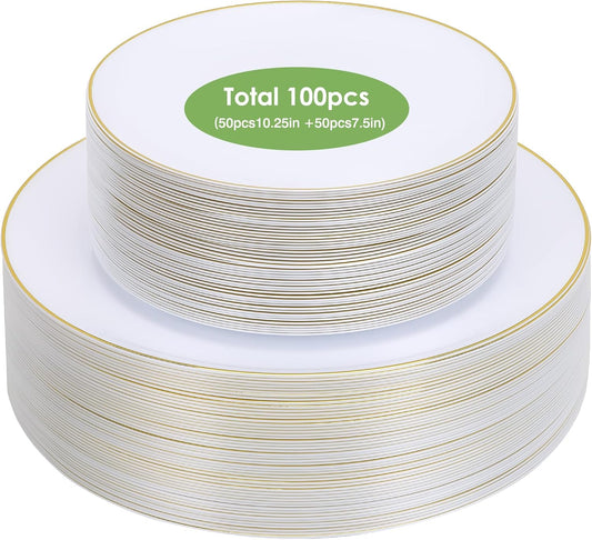 Moretoes 100PCS White Gold Plastic Plates Disposable,Party Plates White with Gold Rim, 10.25inch Dinner Plates and 7.5inch Dessert Salad Plates Heavy Duty Plates for Wedding Party and Birthday