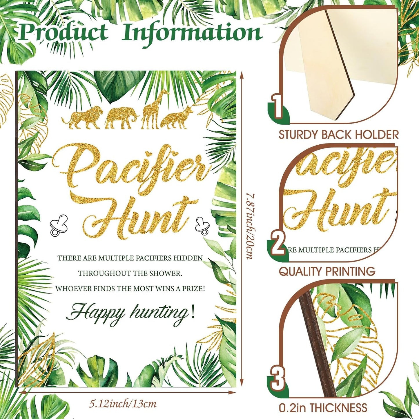 Thyle 51 Pcs Pacifier Hunt Baby Shower Games Include Hunt Sign and 50 Acrylic Pacifiers for Baby Shower Game Decoration Gift Sets Gender Reveal Party Decor(Jungle Animals)