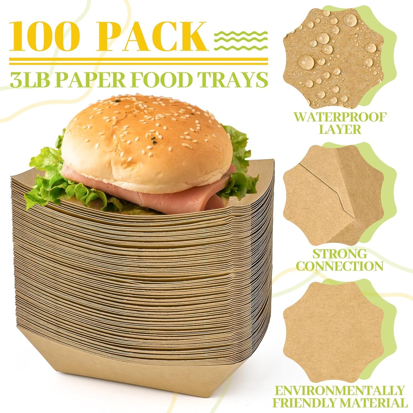 Ocmoiy 3lb Paper Food Trays, 100 Pack Heavy Duty Food Boats Holders Disposable Serving Basket Trays for Nachos, Tacos, Fries, Hot Dog, Corn, BBQ, Festivals, Party