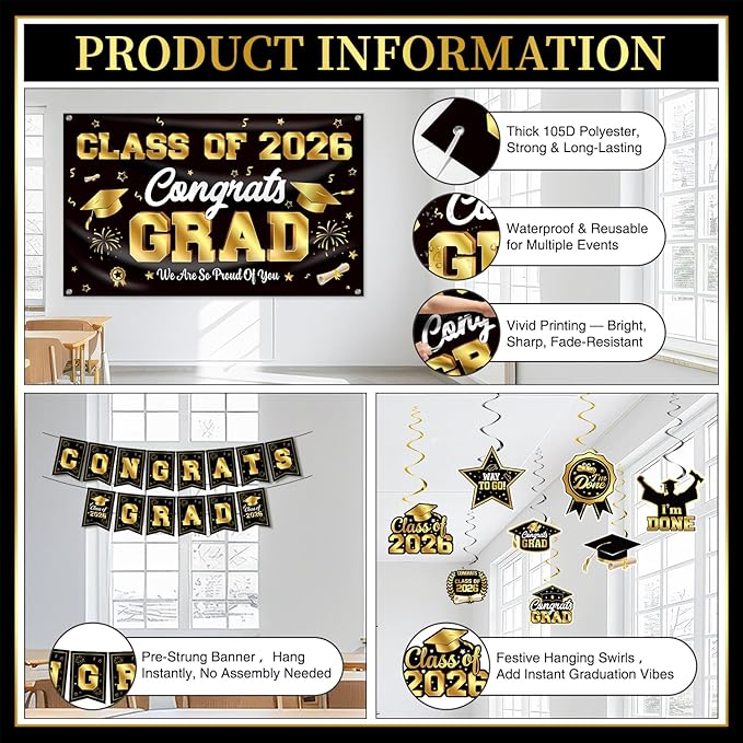 Graduation Decorations Class of 2026 Black and Gold Party Decor Set include Congrats Grad Banner Graduation Backdrop Class of 2026 Balloons Party Supplies