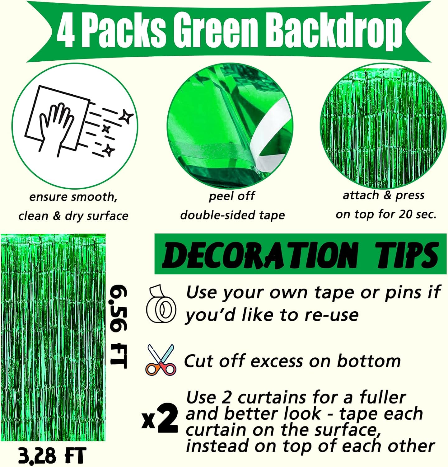 4 Pack Green Fringe Curtain Backdrop, 3.2Ft x 6.6Ft Metallic Tinsel Foil Fringe Streamers Background for Photo Booth Birthday Wedding Baby Shower Carnival Easter Mother’s Day Party Decorations