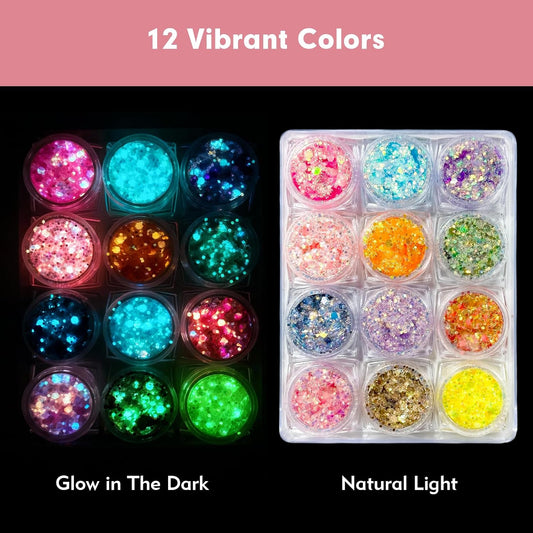 12 Colors Glow in The Dark Glitter Gel,Makeup Chunky Fine Glitter for Women, UV Black Light Body/Face/Hair/Eyeshadow for Halloween Makeup Raves Festivals