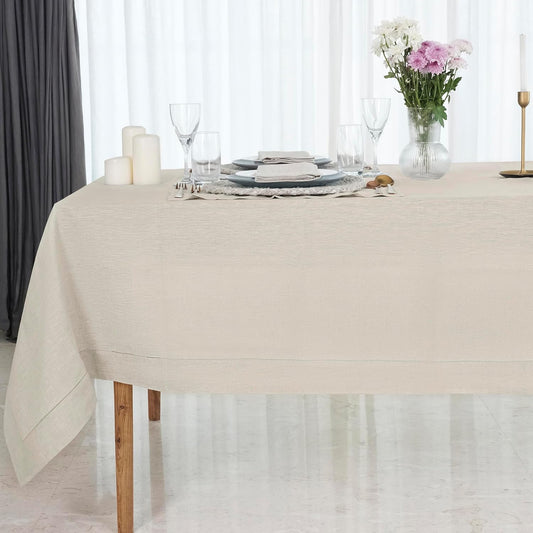 D'Moksha Homes Light Natural Linen Tablecloth for Rectangle Tables 60 x 144 Inch - 100% Pure Linen Natural Table Cloth - Classic Hemstitch, Machine Washable Dining Tablecloth for Fall, Halloween