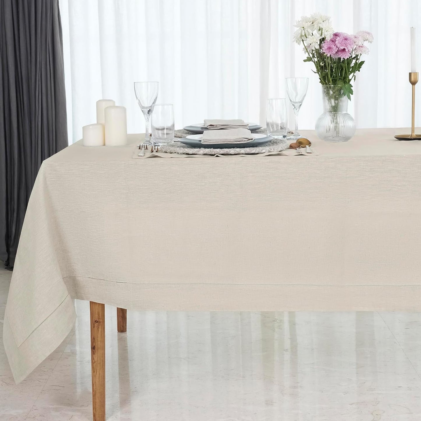 D'Moksha Homes Light Natural Linen Tablecloth for Rectangle Tables 60 x 102 Inch - Classic Hemstitch 100% Pure Linen Natural Table Cloth - Machine Washable Dining Tablecloth for Fall, Halloween