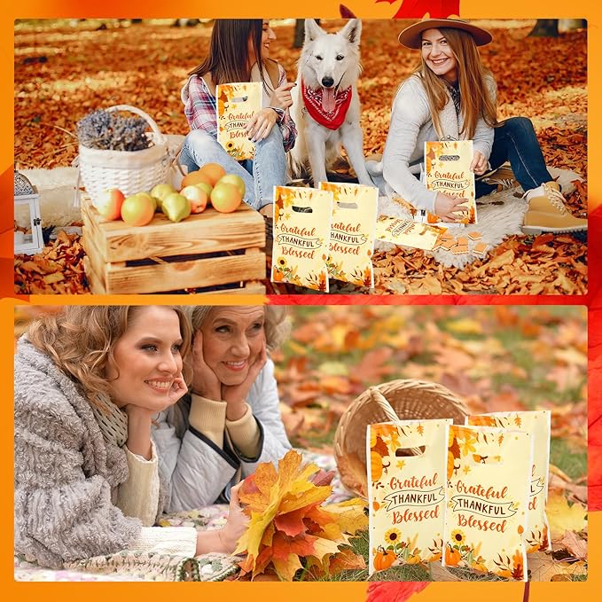 Supervitae 100 Pcs Thankful Grateful Blessed Party Gift Bags Fall Harvest Favor Bags Bulk with Handles for Thanksgiving Snacks Goodie Candy Treat Party Supplies