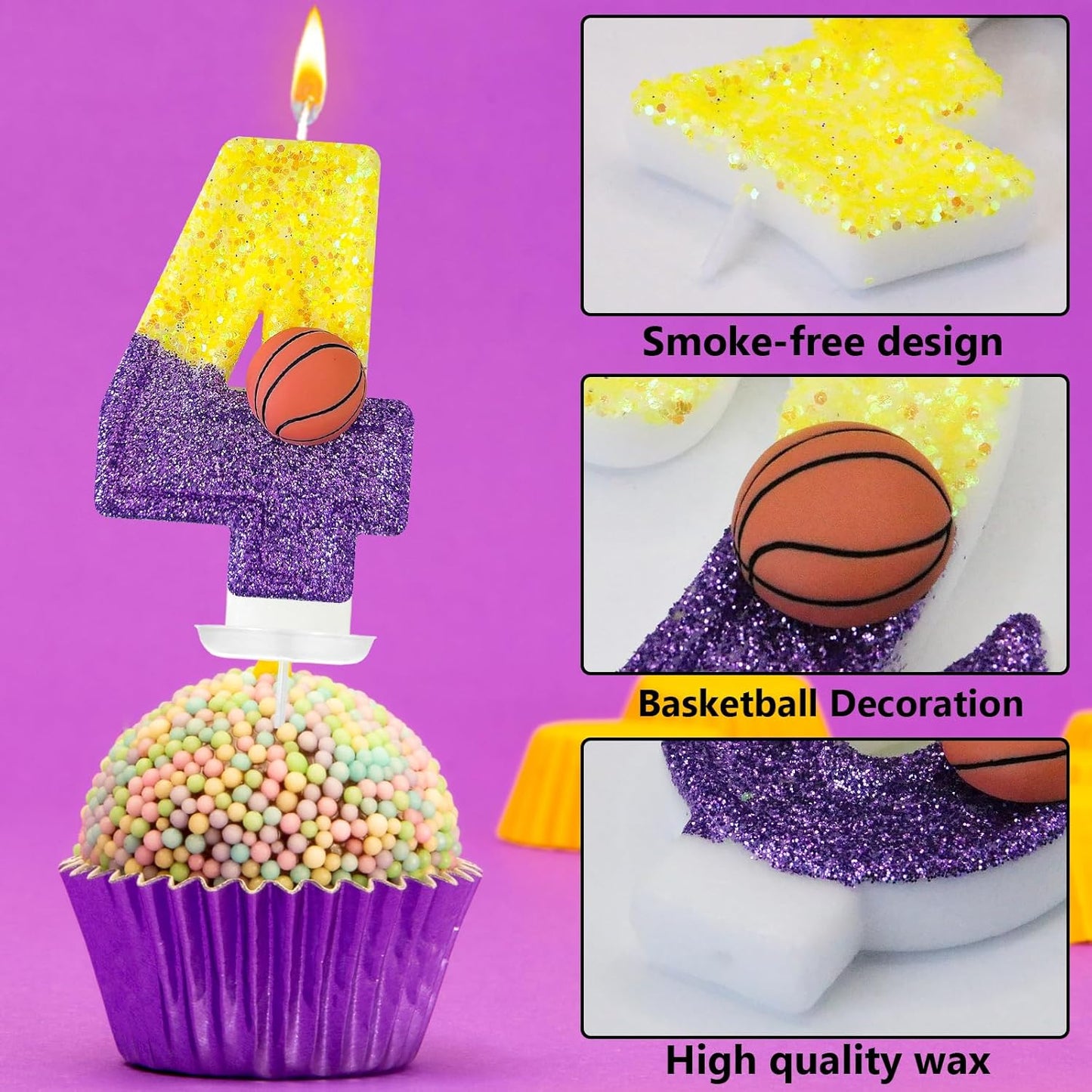 HXOUSE Basketball Number 4 Birthday Candles - Purple Gold Birthday Candles for Cake, 4 Candle for Basketball Theme Cake Topper, Boys Sport Party Decorations Gifts (No.4)
