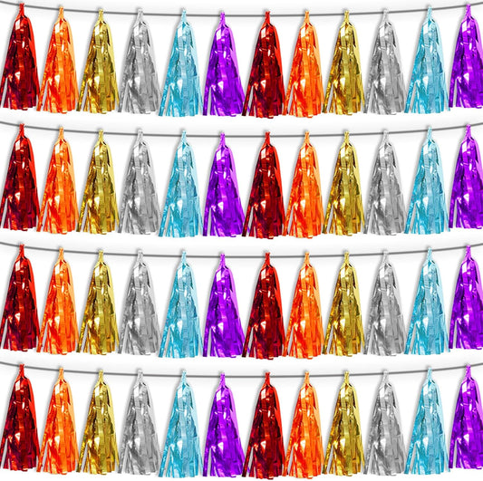 4P Lake Blue Orange-Red-Gold-Silver-Purple Tassel Banner Garland Metallic Foil Fringe Banner Tinsel Tassels Streamer Banner Backdrop for Parade Floats,Graduation Wedding Party Decorations