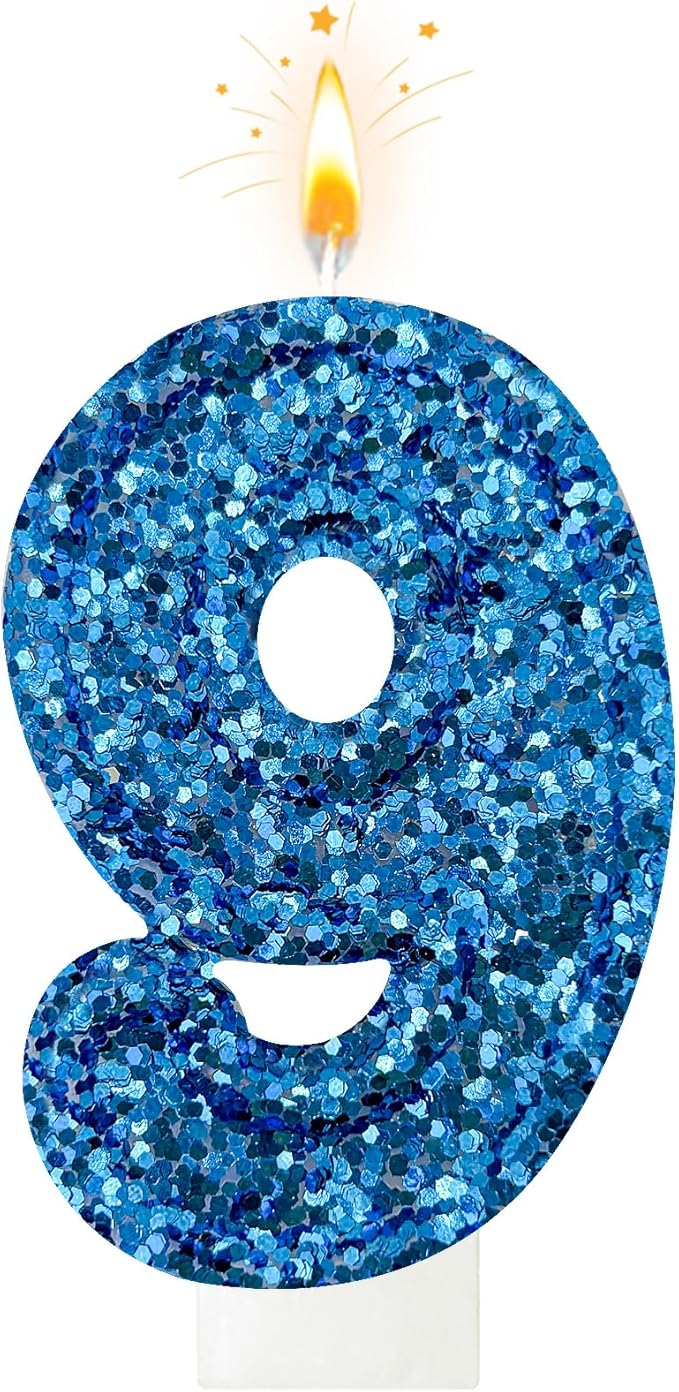 Zailo Birthday Number Candles, Glitter Number Candle Cake Decorations with Sequins, Cupcake Decorations for Girls, Women, Party Anniversary Celebrations (Number 9, Blue)