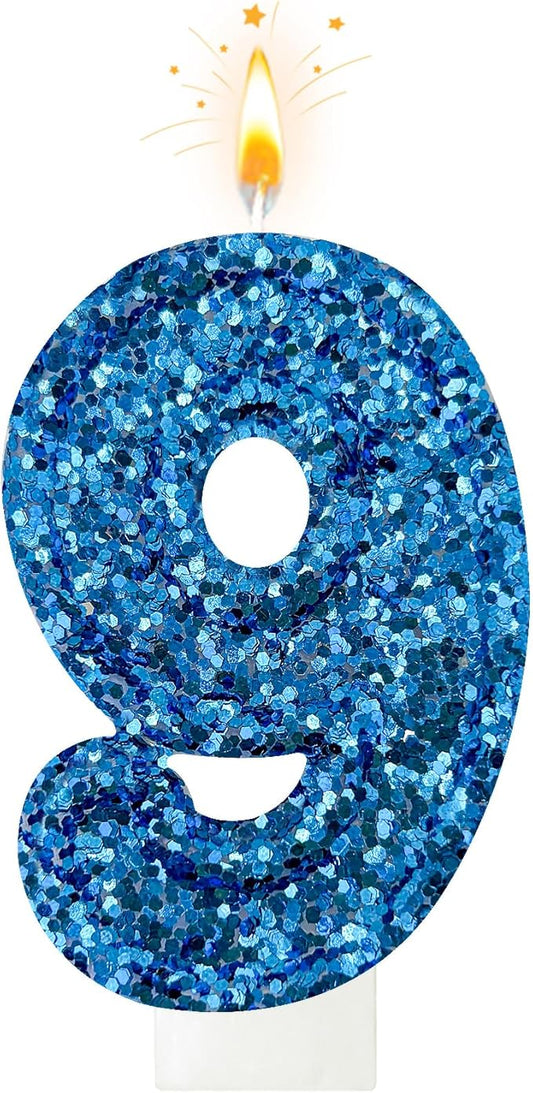 Zailo Birthday Number Candles, Glitter Number Candle Cake Decorations with Sequins, Cupcake Decorations for Girls, Women, Party Anniversary Celebrations (Number 9, Blue)