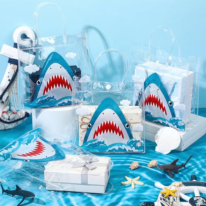 Aliceset 20 Pcs Shark Party Clear Favor Bags with Handles Sea Party Goodie Bags for Shark Themed Baby Shower Birthday Ocean Animals Themed Candy Snack Treat Wrapping Summer Pool Supplies, 8x8x3.15inch