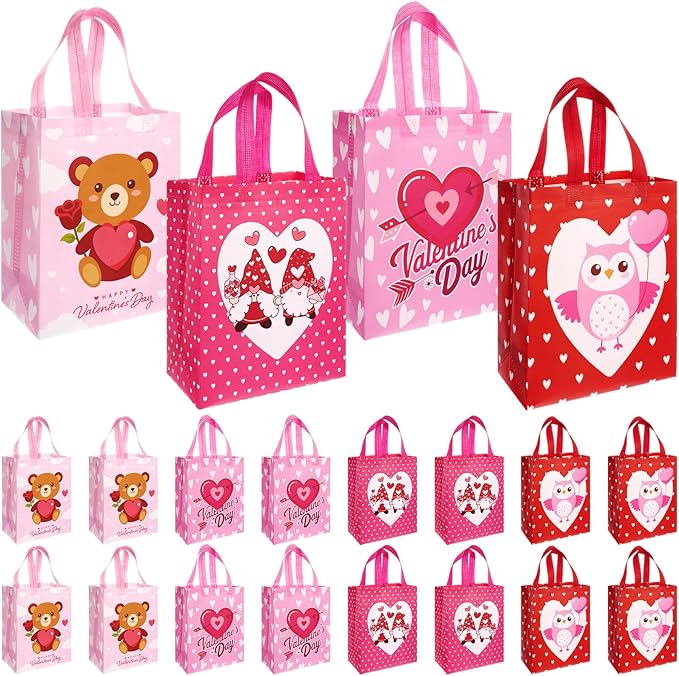 Wesnoy 48 Pcs Valentine's Day Gift Bags,Bulk Reusable Non-Woven Heart Bear Treat Bags with Handles for Party Favors,Galentine's Day Event, 10 x 8 x 4 Inches