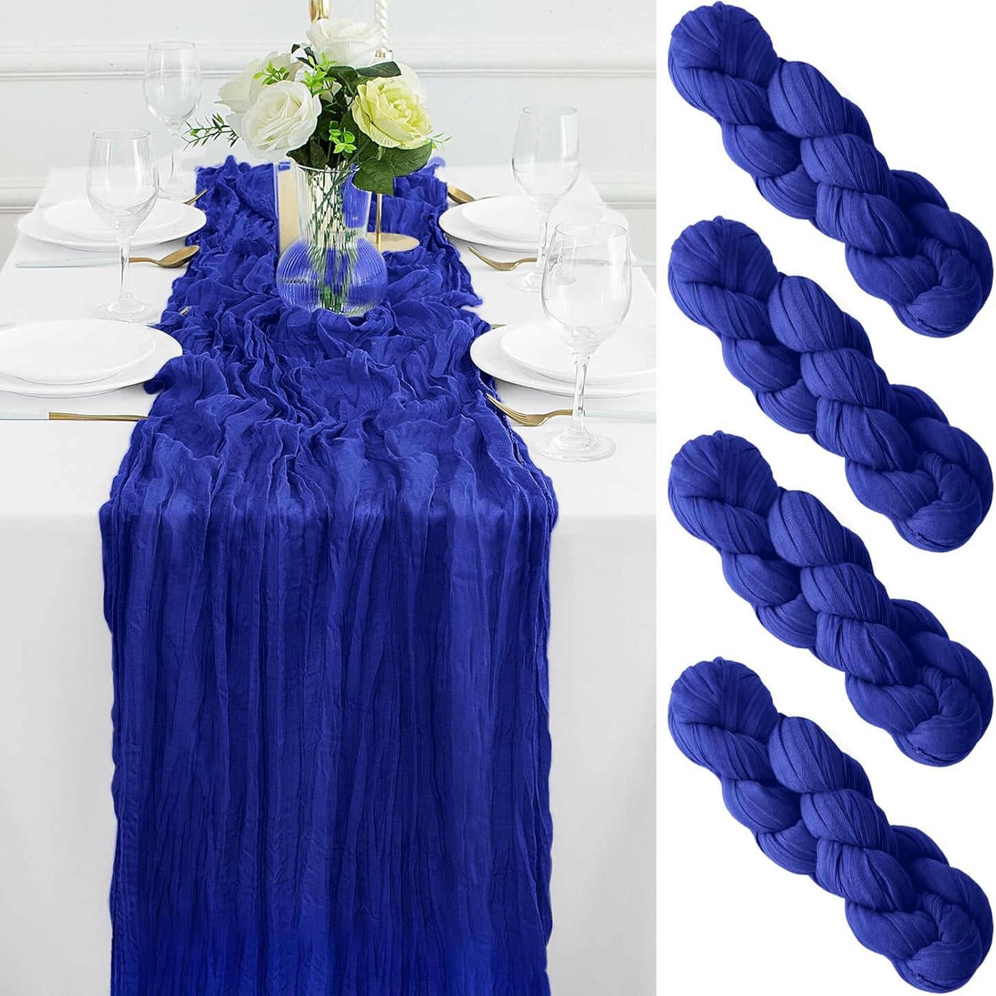 4Pack Royal Blue Cheesecloth Table Runner 10FT Gauze Cheese Cloth Table Runner 35x120Inch Long Boho Spring Easter Table Runners Rustic Sheer Table Runners for Wedding Baby Shower Bridal Shower Decor