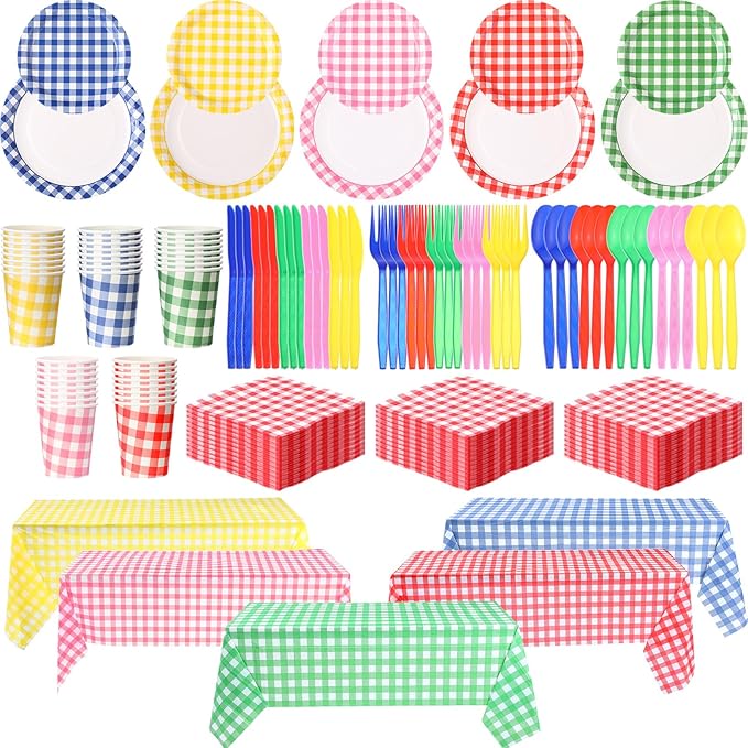 425 Pcs Disposable Gingham Party Supplies Set for 60 Guests - Plaid Paper Plates, Cups, Napkins, Forks, Spoons, Knives & Tablecloth, All-in-One Birthday, BBQ, Picnic, Thanksgiving Dinnerware Kit