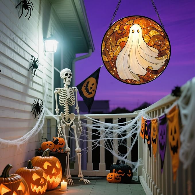 Stained Glass Window Hanging - Halloween Decoration White Ghost Robe Suncatcher for Door Garden Spooky Starry Sky Sun Catchers Gothic Decor Horror Gifts for Women Men Friend Boy Girl 11.8 in