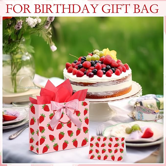 Maitys 12 Pack 13" Large Strawberry Gift Bag with Handle, Tissue Papers, Ribbons and Greeting Card Pink Strawberry Paper Bags Bulk for Berry Sweet Baby Shower Birthday Party Decorations Supplies