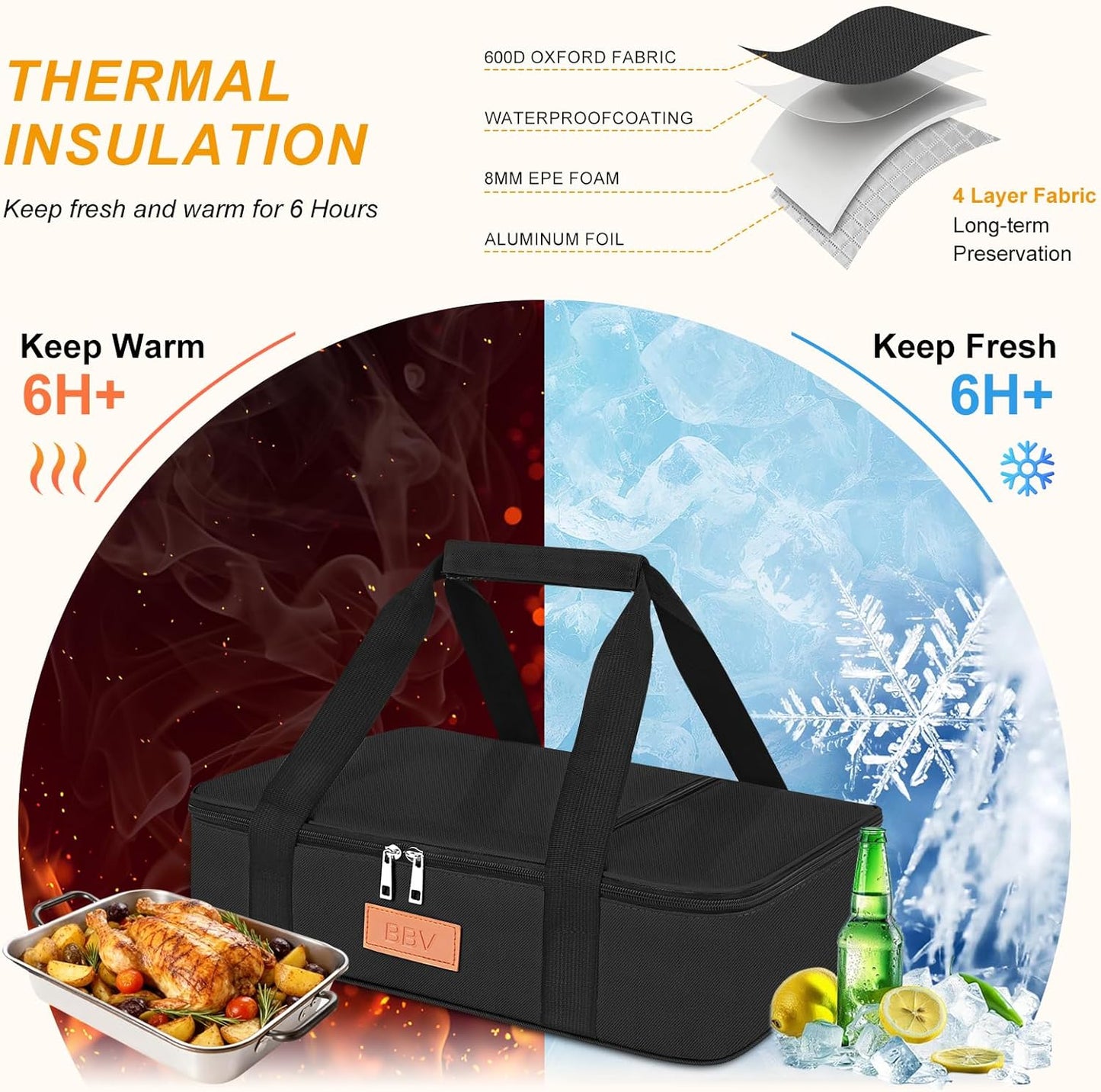 BBV Insulated Casserole Carrier for Hot or Cold Food, Food Warmer Bag Fits 9"x13" Baking Dish, Durable Nylon Leak Proof Food Containers for Travel, Potluck, Parties, Picnic, Cookouts (Black)