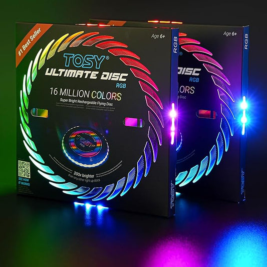 TOSY Flying Disc - 108 RGB Multicolor or 36 Monocolor LEDs, Super Bright, Smart Modes, Christmas Stocking Stuffers Gift, Camping Toy for Kid/Teen/Adult, Auto Light Up, Rechargeable, Waterproof, 175g