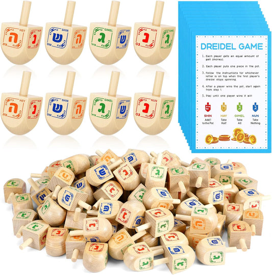 Wettarn 100 Pieces Hanukkah Dreidels Bulk Wooden Hanukkah Dreidels with Game Instruction Cards for Party Game(Size 1,Chic Style)
