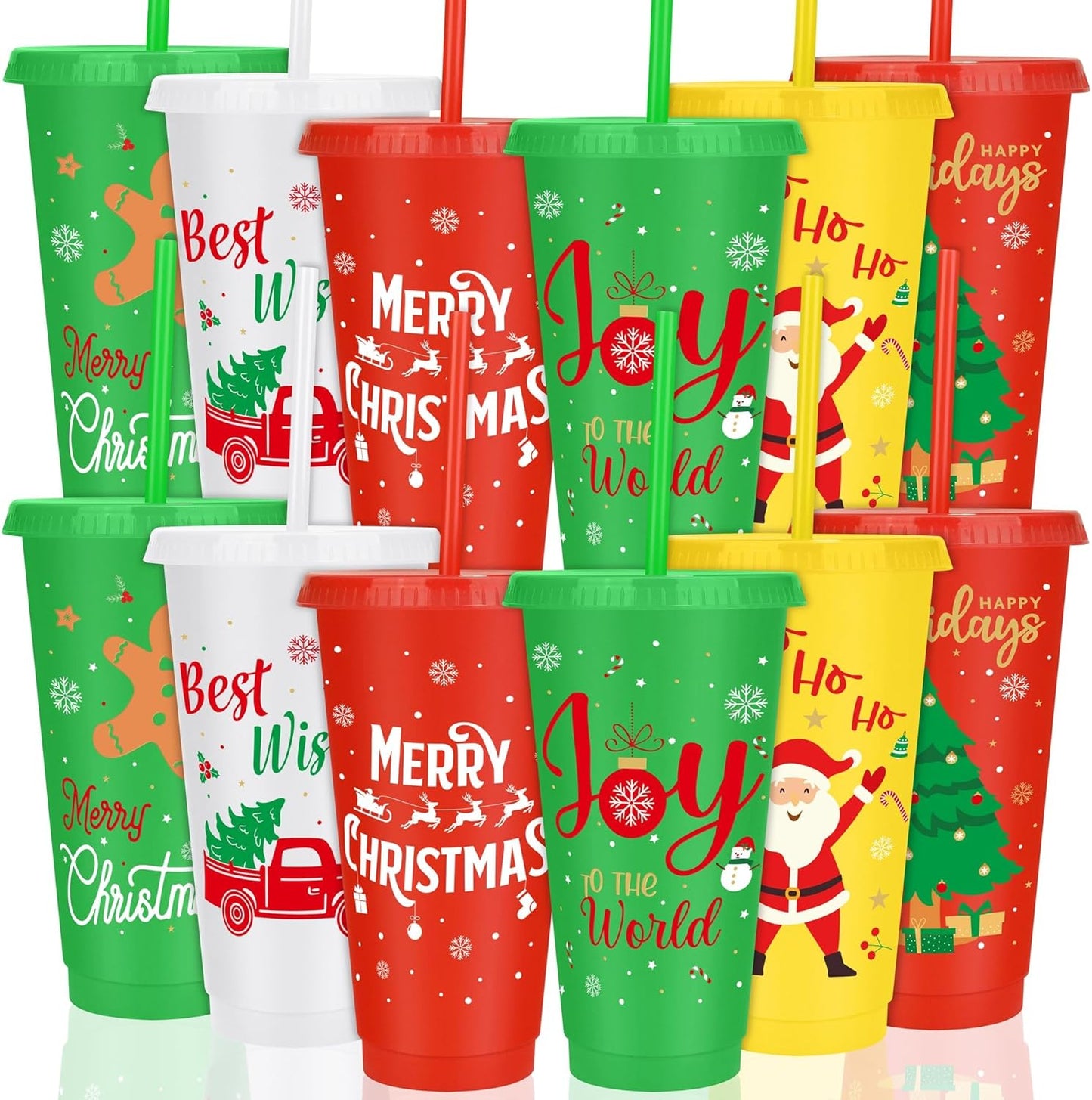 12 Pieces Christmas Plastic Cups 24oz Reusable Plastic Tumbler with Lids and Straws Bulk Christmas Holiday Drinking Cups for Xmas Party Supplies, 6 Designs