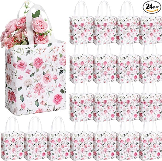 Supervitae 24 Pack Pink Floral Theme Gift Bags Medium Floral Party Favor Bags Flower Reusable Totes Non Woven Goodie Totes for Wedding Birthday Baby Shower Family Holiday Travel(9.8" x 7.9" x 3.9")