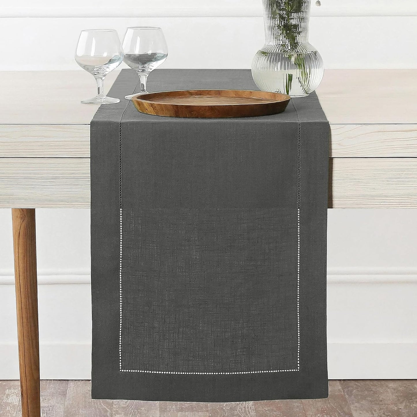 D'Moksha Homes Linen Charcoal Grey Table Runner 36 Inches - 100% Pure Linen Small Table Runner 14 x 36 Inch Ideal for Dresser, Coffee Tables, Fall and Halloween - Classic Hemstitch - Classic Hemstitch