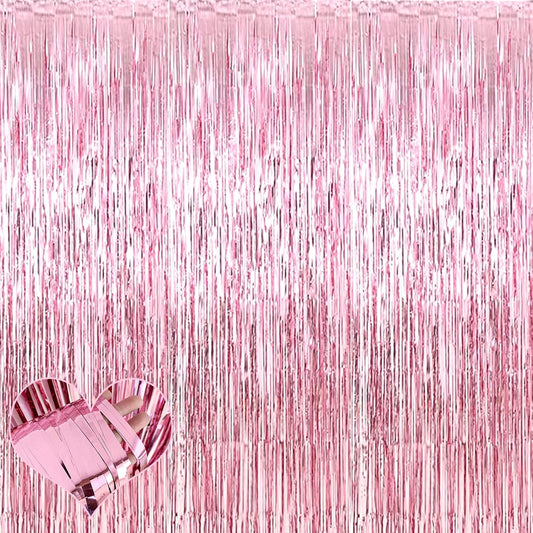 4 Pack Pink Fringe Curtain Backdrop, 3.2Ft x 6.6Ft Metallic Tinsel Foil Fringe Streamers Background for Photo Booth Birthday Wedding Baby Shower Carnival Easter Mother’s Day Party Decorations