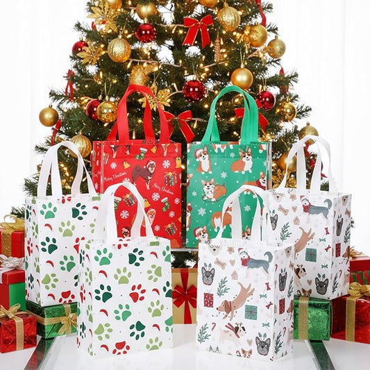Wesnoy 24 Pcs Christmas Dog Gift Bags Bulk 10 x 8 x 4 Inch Reusable Non Woven Christmas Tote Treat Goodies Candy Bags with Handles Party Favors Supplies for Xmas Gift Holiday Party Decorations
