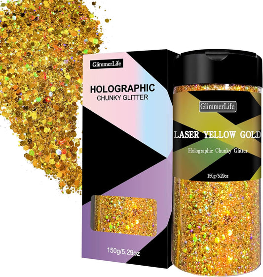 GlimmerLife Chunky Holographic Gold Glitter, 150G/5.29OZ, Iridescent Metallic Craft Glitter for Resin, Nail, Face Makeup, DIY Decorations
