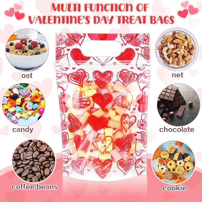 Blosssound 25 Pcs Valentine's Day Gift Bags Resealable Red Love Plastic Bags Happy Valentines Day Favor Pouch with Handle for Wedding Party Candy Gift Wrapping Supplies Decor(Red Valentines)