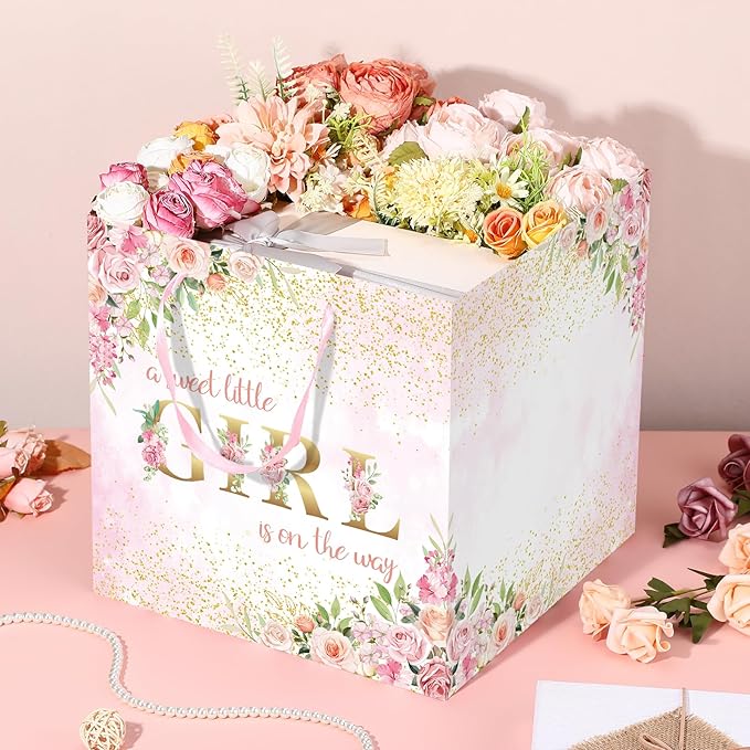 Extra Large Baby Girl Gift Bags - Pink Floral Baby Shower Square Gift Bag A Sweet Little Girl is on the Way Wrapping Paper Bag for Newborn Congratulations Gifts Gender Reveal Party Favors Decor