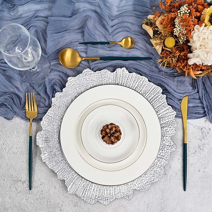 Pesonlook 24Pcs Silver Charger Plates Round 13inch, Reef Plate Chargers for Dinner, Bulk Plastic Floral Table Charger Plates for Dinner Wedding Party Event Table Setting Decoration(Silver)