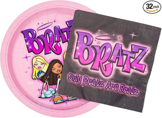 Silver Buffalo Bratz Dolls Featuring Yasmin, Sasha, Jade, and Cloe 32 Pack Partyware Disposable Paper Plates and Napkins