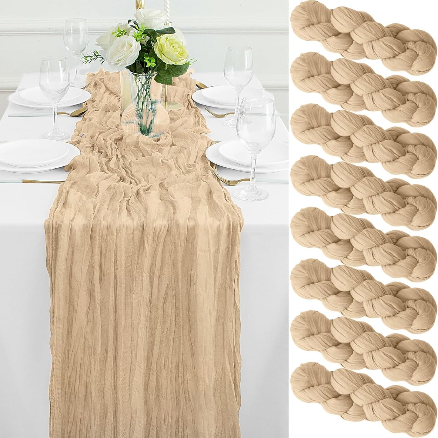 8Pack Beige Table Runner 10FT Cheesecloth Table Runner 35x120Inch Long Boho Cheese Cloth Table Runners Rustic Gauze Table Runners for Party Wedding Bridal Shower Baby Shower Decorations