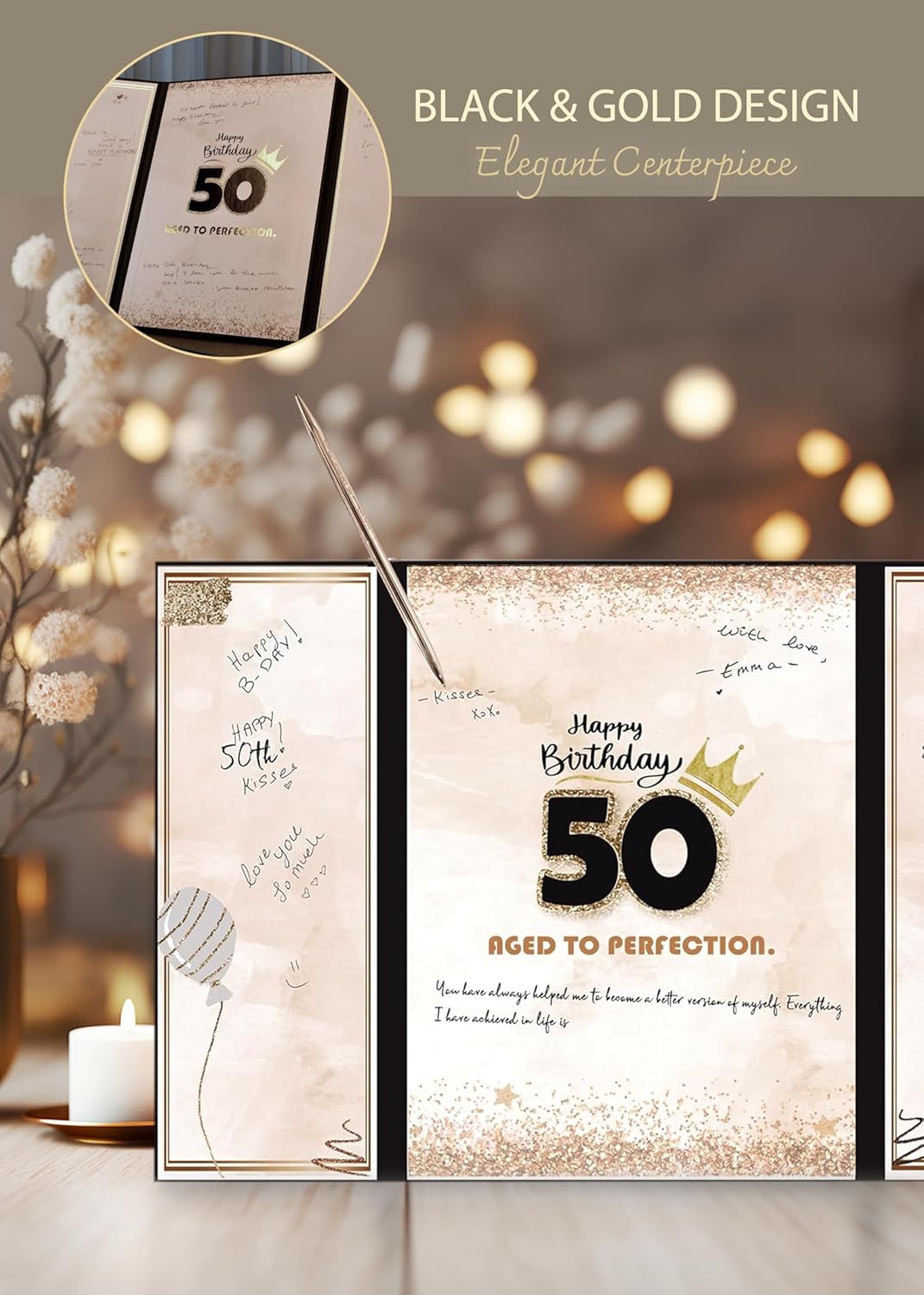 50th Birthday Guest Book Alternative Black Gold Party Decorations for Men 12"x18" - 50 Years Sign in Poster Card Gift - Fifty Party Signature Book Keepsake - Table Centerpiece Decor