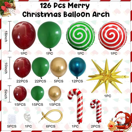 Christmas Balloon Garland Arch Kit, Xmas Red Green Gold Balloons Candy Cane Explosion Star Mylar Foil Balloons for Merry Christmas Ugly Sweater New Year Friendsmas Festival Birthday Party Decorations
