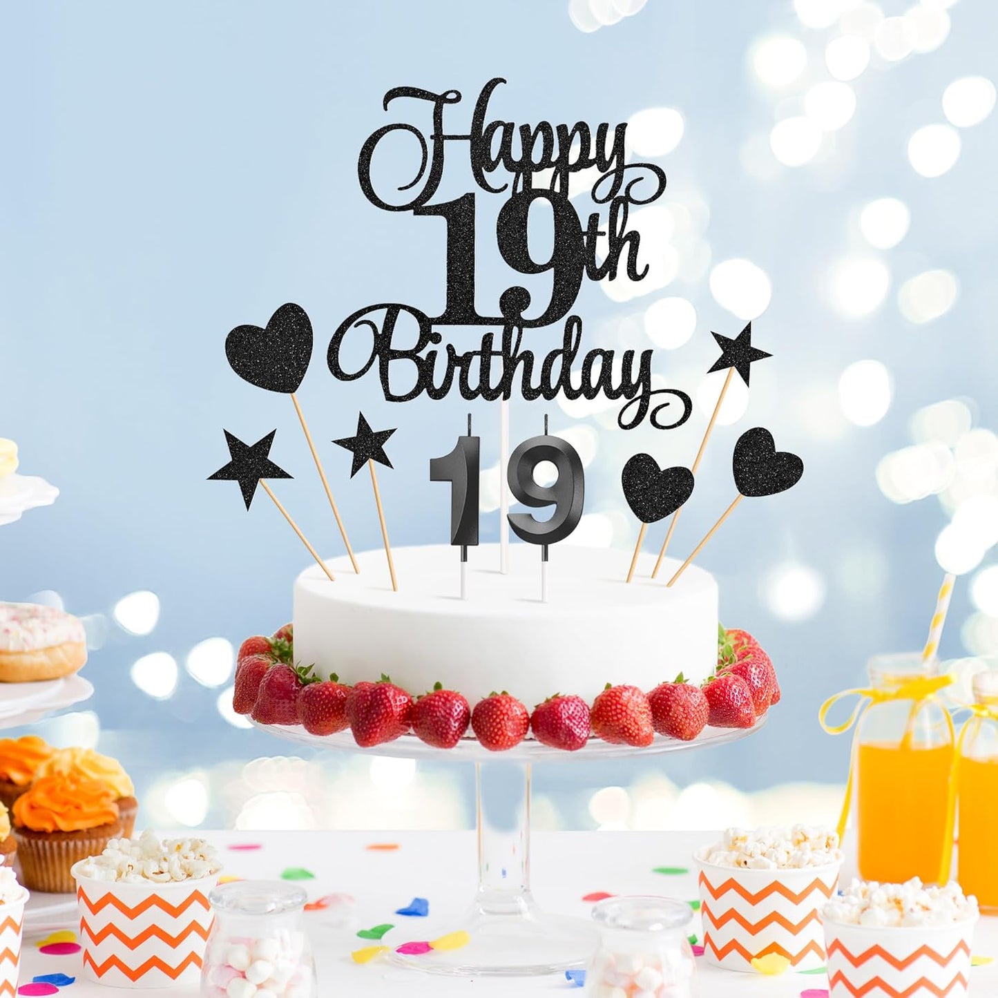 19th Birthday Cake Decorations, 19th Birthday Candles Cake Numeral Candles and Glitter Happy 19th Birthday Cake Toppers Set for Birthday Party Supplies (Black)