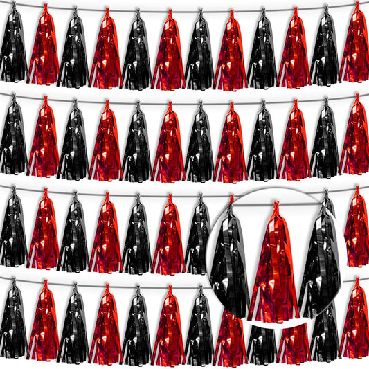 4P Black Red White Tassel Banner Garland Metallic Foil Fringe Banner Tinsel Tassels Streamer Banner Backdrop for Parade Floats Graduation, Halloween, Christmas, Father's Day Party Decorations